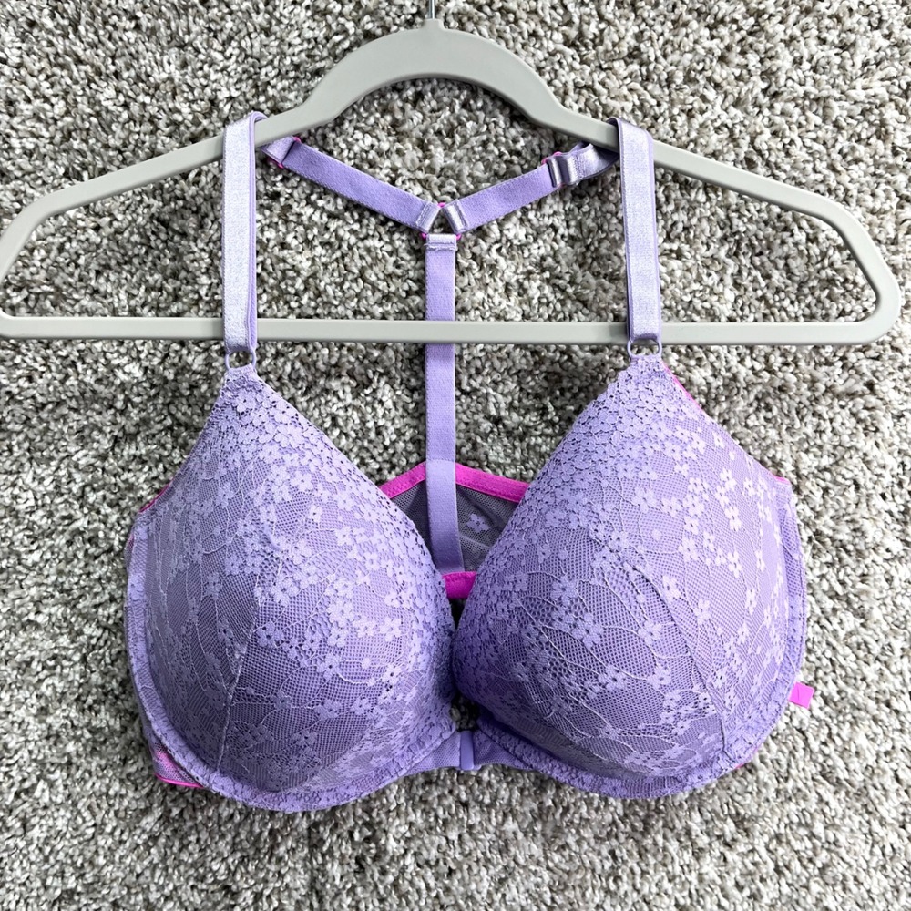 Victoria's Secret Bra Women's 38DD Purple Floral Lace and Mesh Push-Up